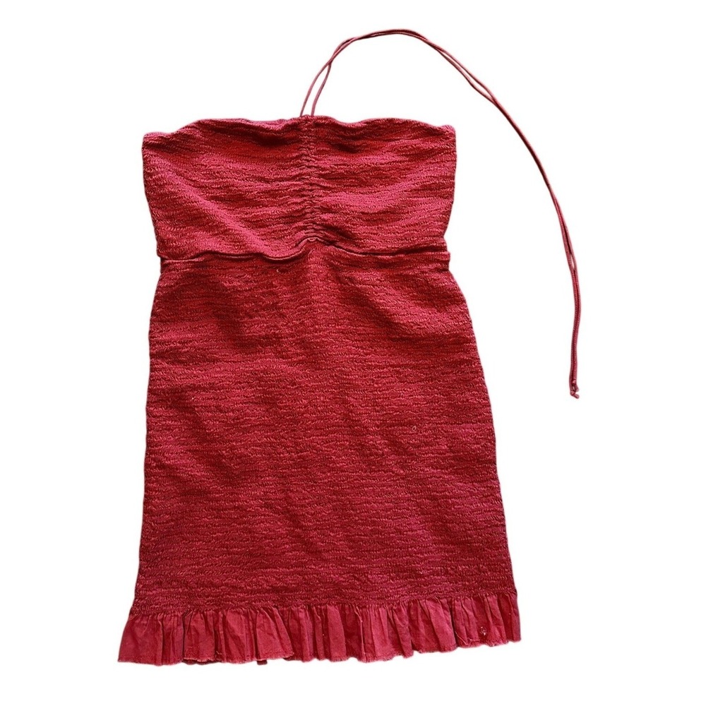 Free People Intimately Red Smocked Mini Dress Strapless Ruffle Hem Large‎ - Picture 3 of 4